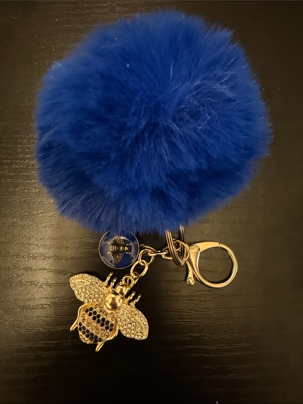 Inspired Blue Faux Fur Pom Pom Keychain with Gold Bee Charm
